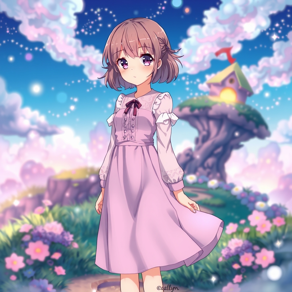 یک دختر خوشگل که لباسش به رنگ یاسی است چشمانش صورتی است دامنش تا زانو است و پیراهنش آستین بلند و آستینش هم طرح دار است در سرزمینی رویایی 💞🫶👩✨️🎉🎆🔮🎑👠👒👄7