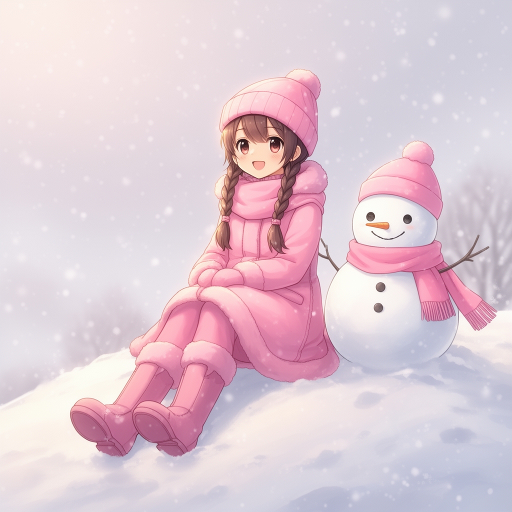 یک دختر 12 ساله با موهای بلند و بافت زده که در هوای زمستانی برفی و یک کاپشن صورتی خوشگل پوشیده و کلاهش هم گذاشته و نشسته و کنارش یک ادم برفی است و لباس گرم و صورتی بامزه پوشیده5