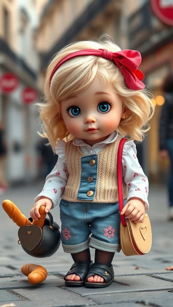 "یک دختربچه فرانسوی ۳ ساله با موهای موجدار بلوند روشن، روبان قرمز روی سر، چشمان آبی درشت و گونههای گلانداخته. لباس کلاسیک فرانسوی: پیراهن کتان گلدار سفید، جلیقه بافتنی بژ، شلوارک جین قلابدوزی یا دامن چیندار با شلواری توری. کفش مری جین مشکی یا صندل چرمی. کیف دستی قلبی، روسری صورتی، و دستبند ستارهای. در حال بازی با عروسک پارچهای یا نان باگت کوچک، با پسزمینهای از خیابانهای پاریس. پوست لطیف، واقعی باشه 5