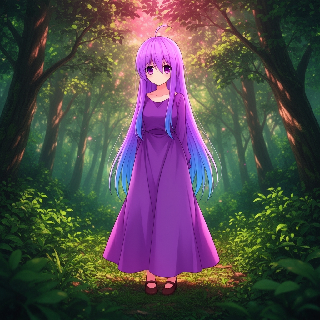 دختری با مو های بلند به رنگ یاسی و آبی با پیراهن به رنگ یاسی با لایت های صورتی و زمینه عکس هم در جنگل باشه و سرسبز 12