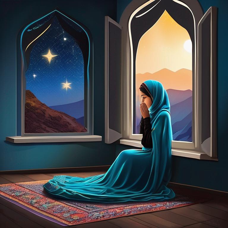 یک شب که یک دختر نوجوان محجبه چادری و زیبا و ایرانی در اتاقش رو به روی پنجره و منظره چشم نواز شب با ستاره هایی زیبا، دو زانو نشسته درحال ارزو کردن و عبادت کردن و  کردن هست15