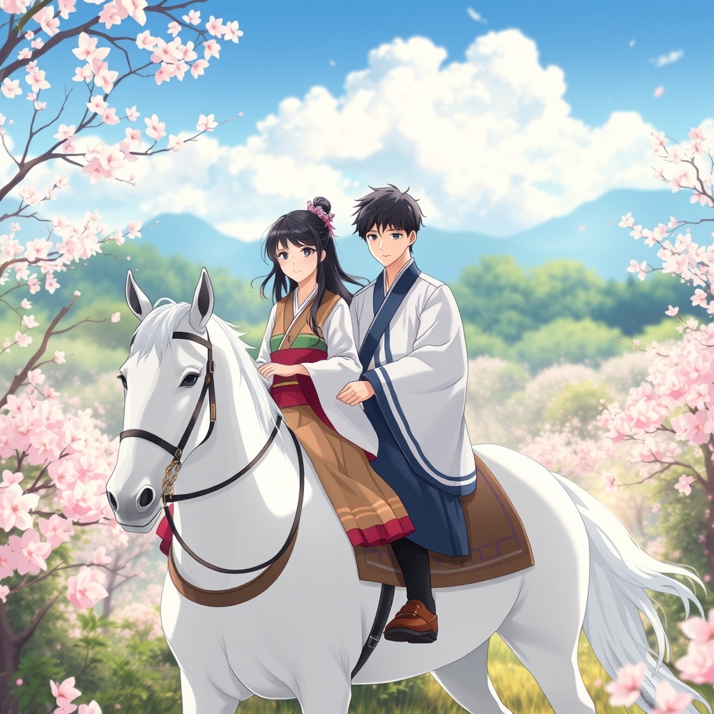 یک دختر و پسر که با هم داخل یک جنگل پر از شکوفه هستند و سوار بر اسب های سفیید که لباس های مخصوص کره جنوبی است را پوشیده اند و خیلی زیبا هستند9