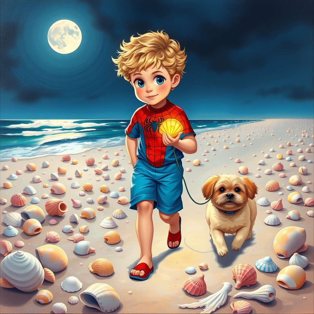 تصویر رنگ روغنی از یک پسر بچه ی کیوت و تپلی و بامزه با موهای طلایی فرفری با لباس استین کوتاه اسپایدرمن و شلوارک ابی ساده که در ساحل آرام قدم می‌زند و ساحل پر از صدف های زیبا و درخشان و نورانی است و یک گوشماهی درخشان هم در دست پسر است و سگش که نژاد شیتزو_اشپیتز به رنگ عسلی است در کنارش میدود، شب است و ماه کامل است3