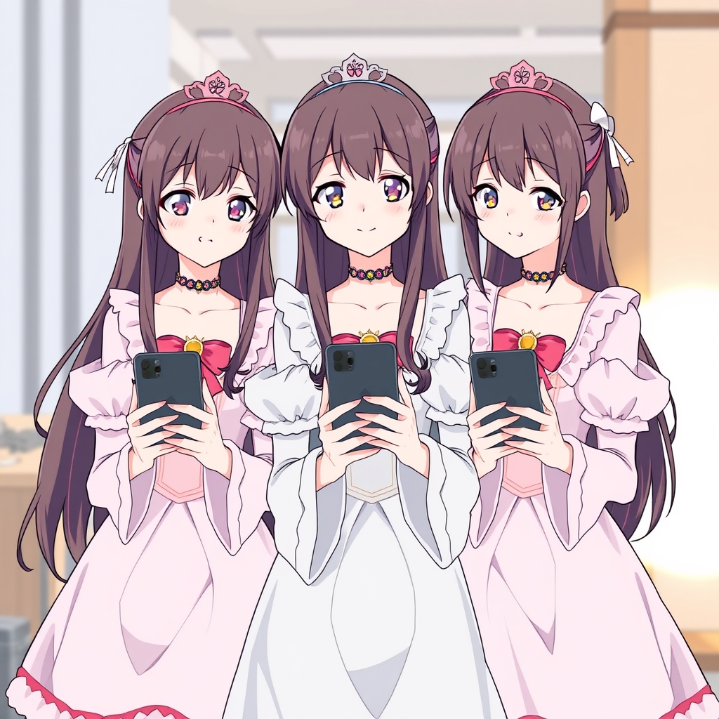 سه قلو  سه تا خواهر  که شبیه هم هستند و لباس های مانند شاهزاده خانم ها پوشیده آمد و هر کدام یک گوشی دارند 5