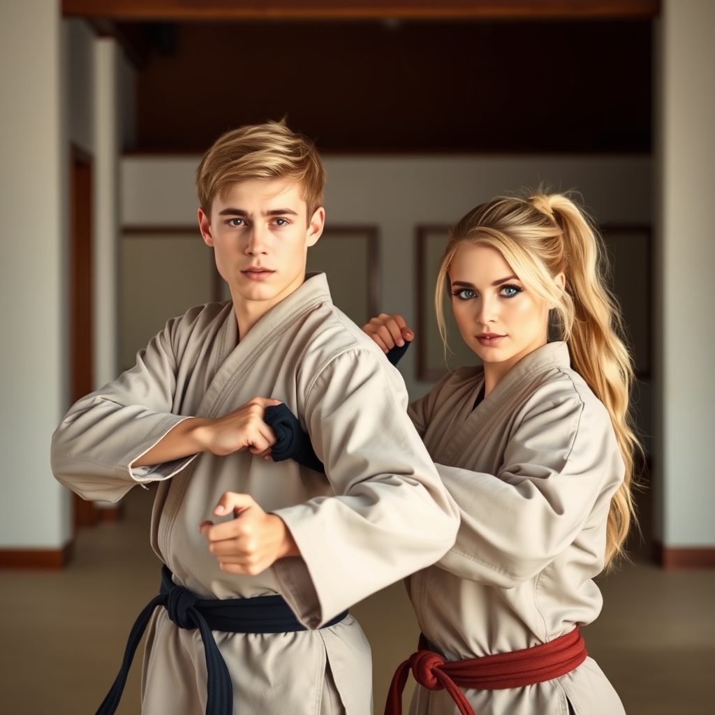 یک پسر با مو های مایل به قهوه ای
و چشمان قرمز در کنار دختری قشنگ با موهای بلوند و چشمانی آبی در حال تمرین نینجا هستن1