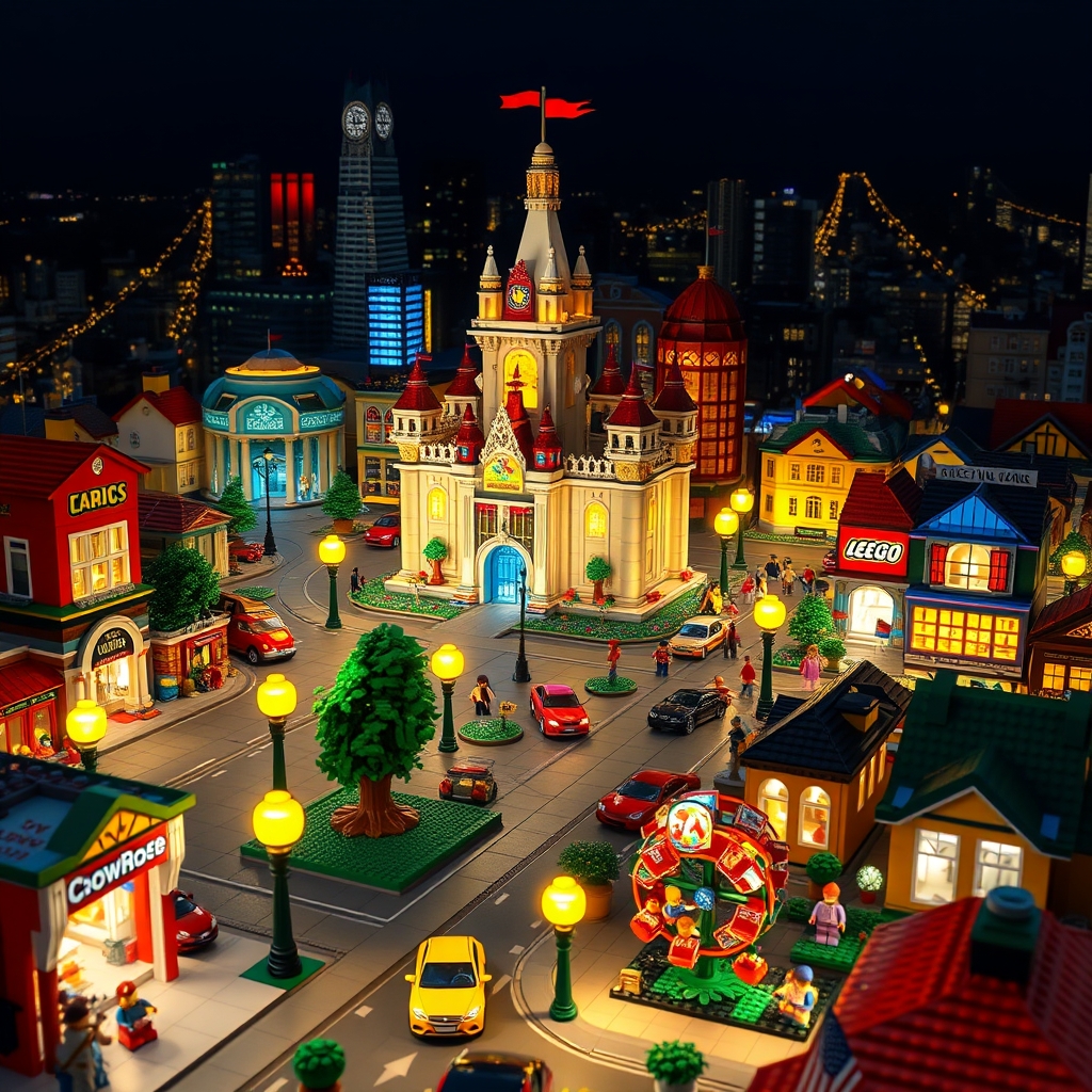 یک شهر لگویی ا آدمکهای لگویی که وسط آن شهر یک قصر لگویی و جادههای لگویی و ماشینهای لگویی شهربازی لگویی و مغازههای لگویی خانههای لگویی که شب باشه و چراغ داشته باشد2