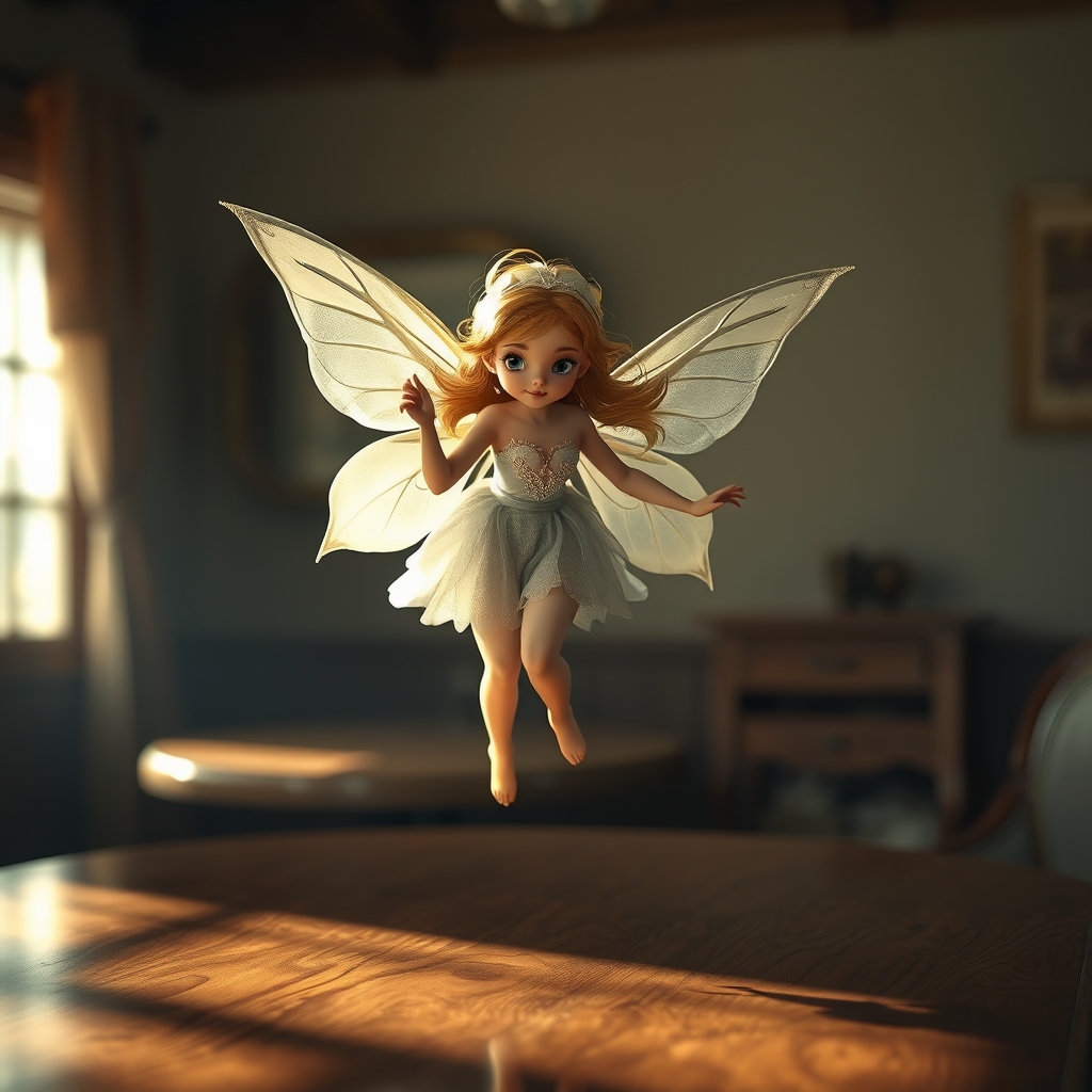 یک پری زیبای خیالی با بالهای کوچک پری، شناور بالای یک میز چوبی صیقلی.15