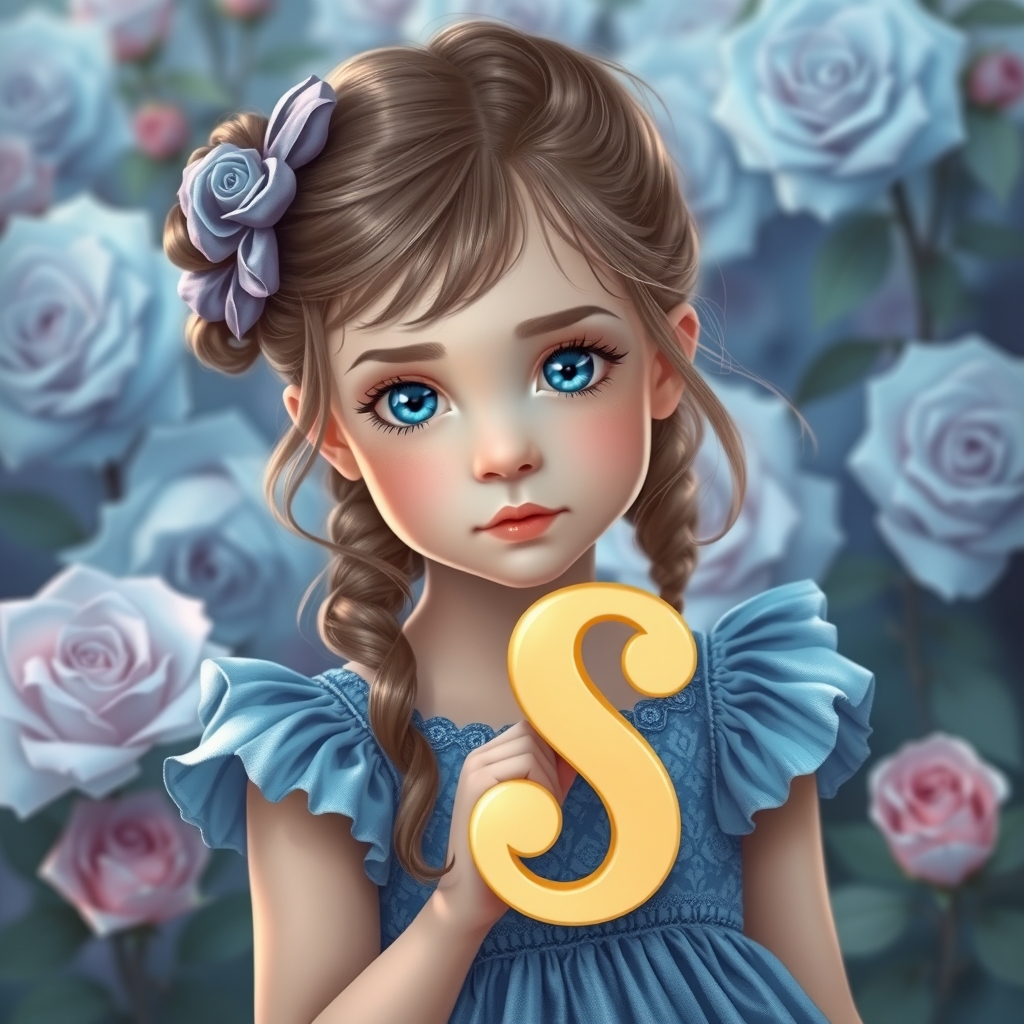 دختر خوشگل با چشم های آبی و با لباس آبی که حرف  s را در دستش گرفته در پس زمینه عکس فک باغ گل رز آبی کم رنگ 
16