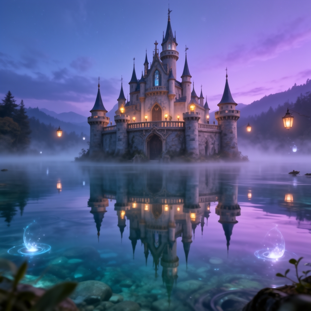 یک قلعه ی داخل آب که تصویر آن در آب منعکس شده 🩵2