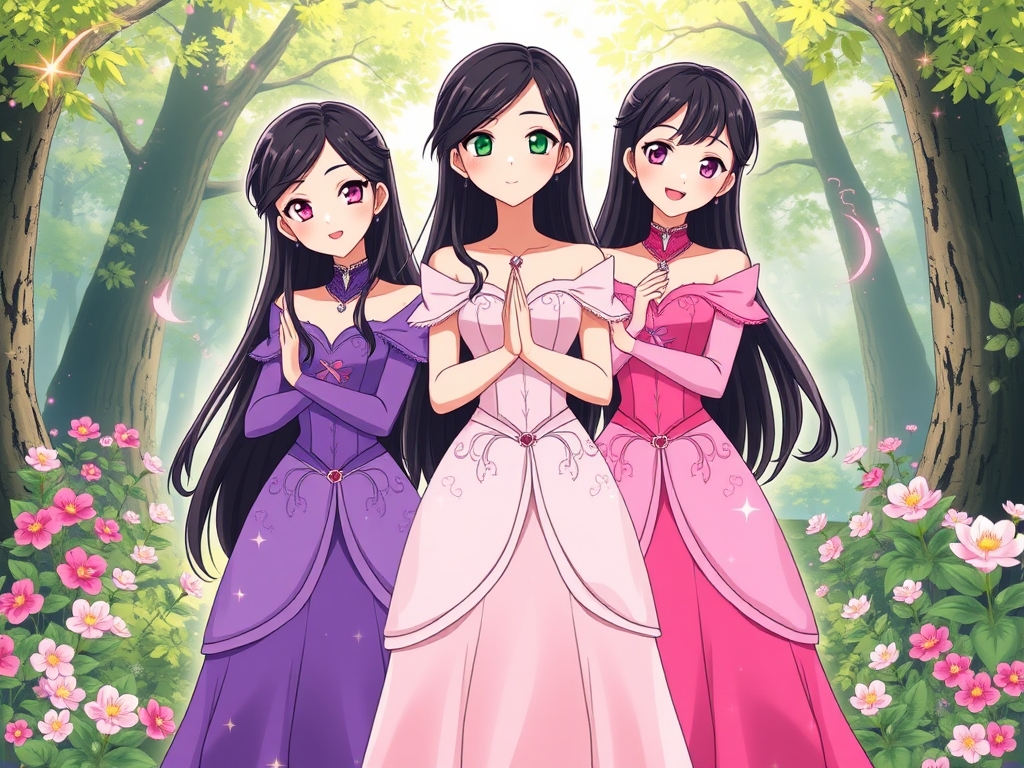 ستین و سوین و سلین سه خواهر سه قلو هستند و شباهت خیلی زیادی به هم دارند و هر سه تاشون موهای مشکی و بلند دارند و لباس هر سه تاشون دامن دار و اکلیلی مانند پرنسس ها باشد  و ستین لباس بنفش دارد و سوین لباس صورتی روشن دارد و سلین لباس سرخابی دارد و لب های سرخ و لبخندی ملایم داشته باشند و پشت سر آنها جنگلی پر از گل است و انیمه هستند و قدرت های جادویی دارند 16