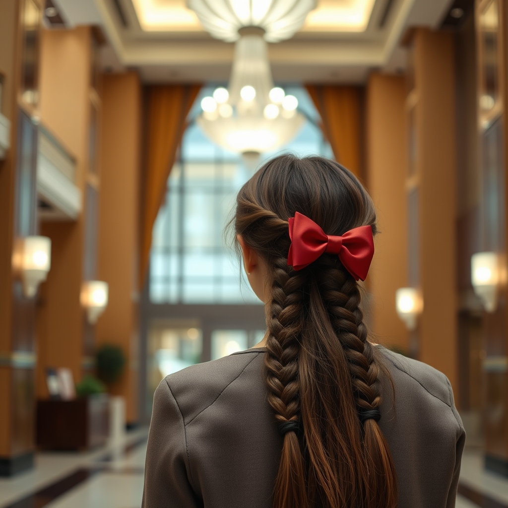 یک هتل زیبا که یک دختر به پشت ایستاده و مو های بافته ی قهوه دارد و یک گل سر پاپیونی قرمز گنده رو سرشه
3