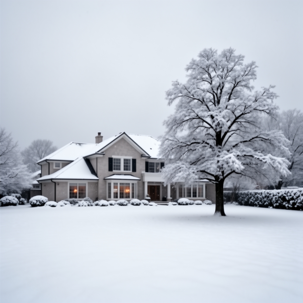 زمستان سرد در یک خانه ی بزرگ با  درخت کلی برف آمده و همه جا سفید است در حیاط واقع گرایانه 5