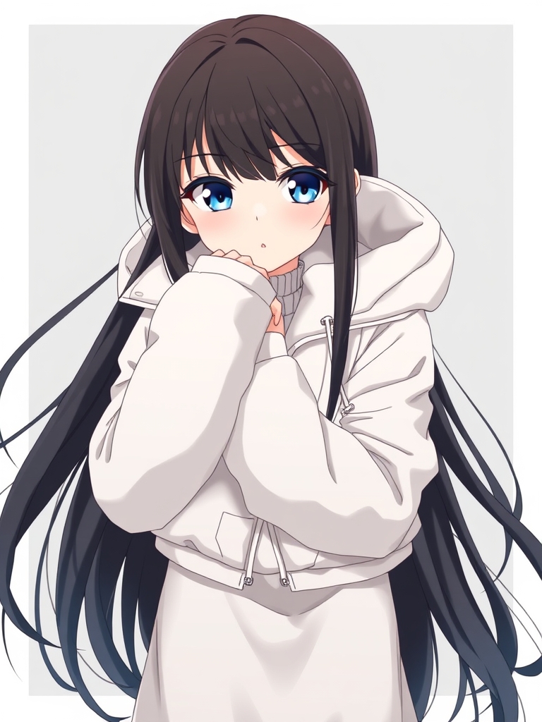 یک دختری با مو های سیاه بلند چشمای ابی  مژه های بلند پافر چرم سفید8