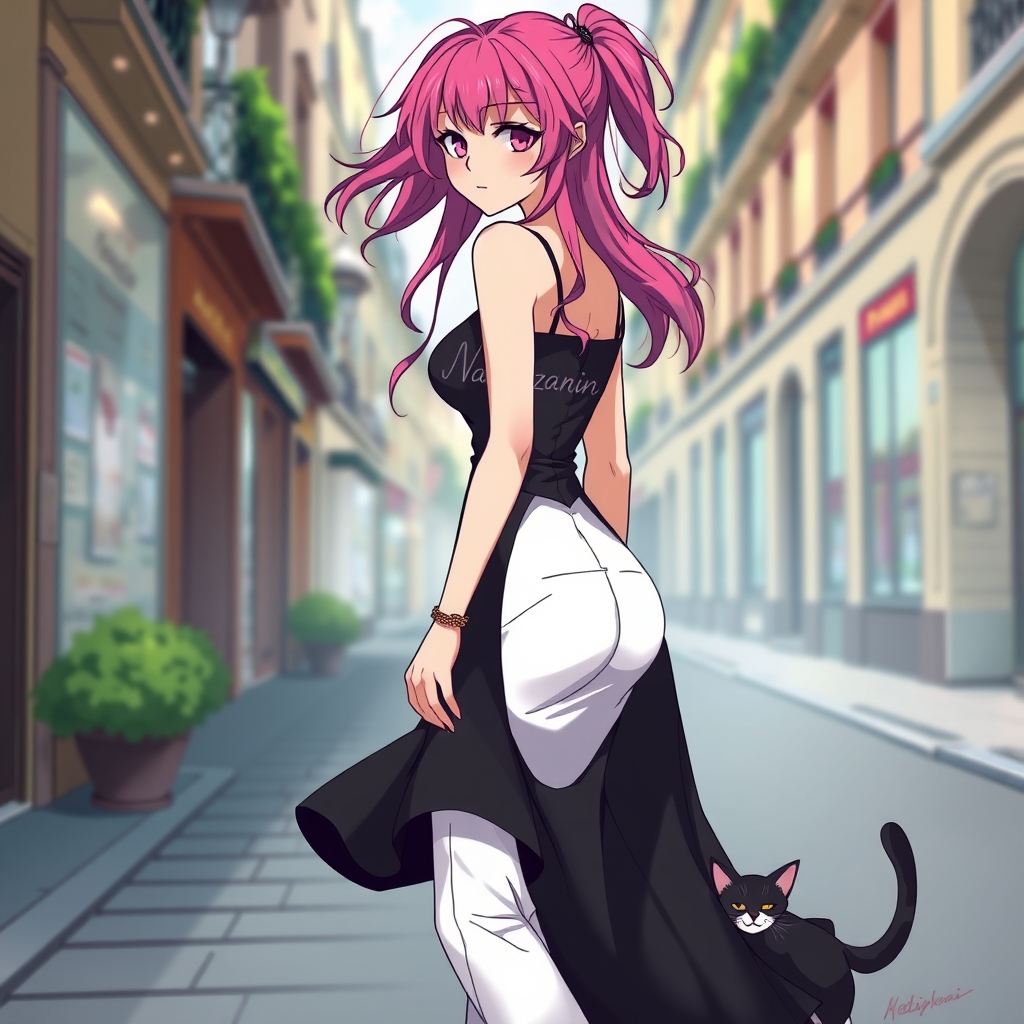 دختری با موهای صورتی بنفش با لباس خیلی زیبا که رنگ لباسش سیاه باشه و رویش نوشته باشهnazaninو شلوارش سفید باشد و دارد در خیابان پاریس راه میرو و یک گربه دارد که سفید و سیاه باشد23