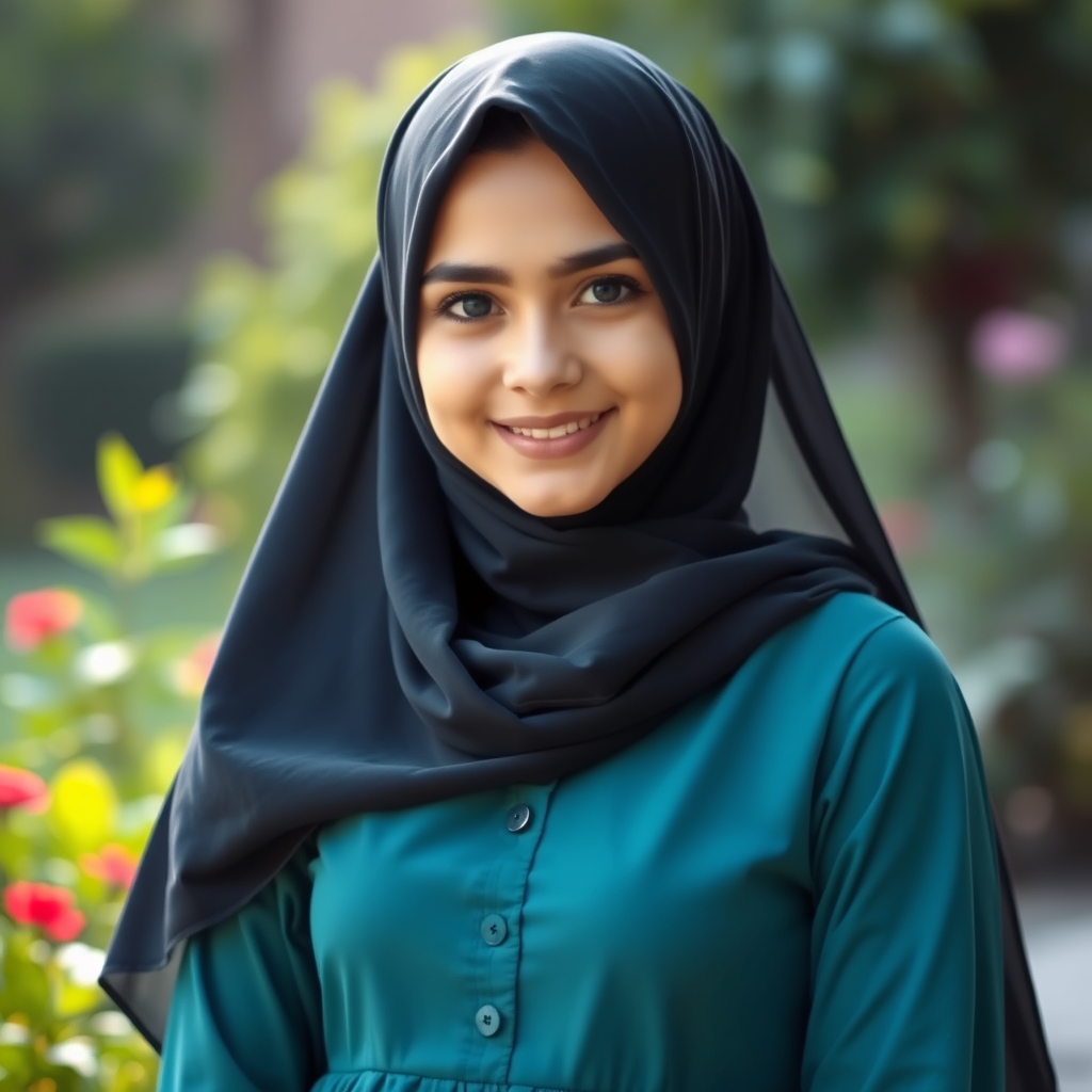 A pretty Iranian Muslim girl wearing an aqua-green dress. She is white. She is veiled completely. Her hair cannot be seen. She is smiling. She is in a garden. We can see light around her face.0