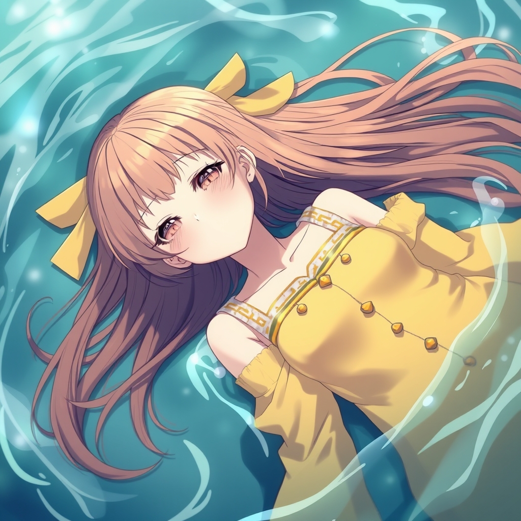 دختر انیمه ای با لباس های زرد و طلایی با مو های باز بیهوش در وسط دریا
2