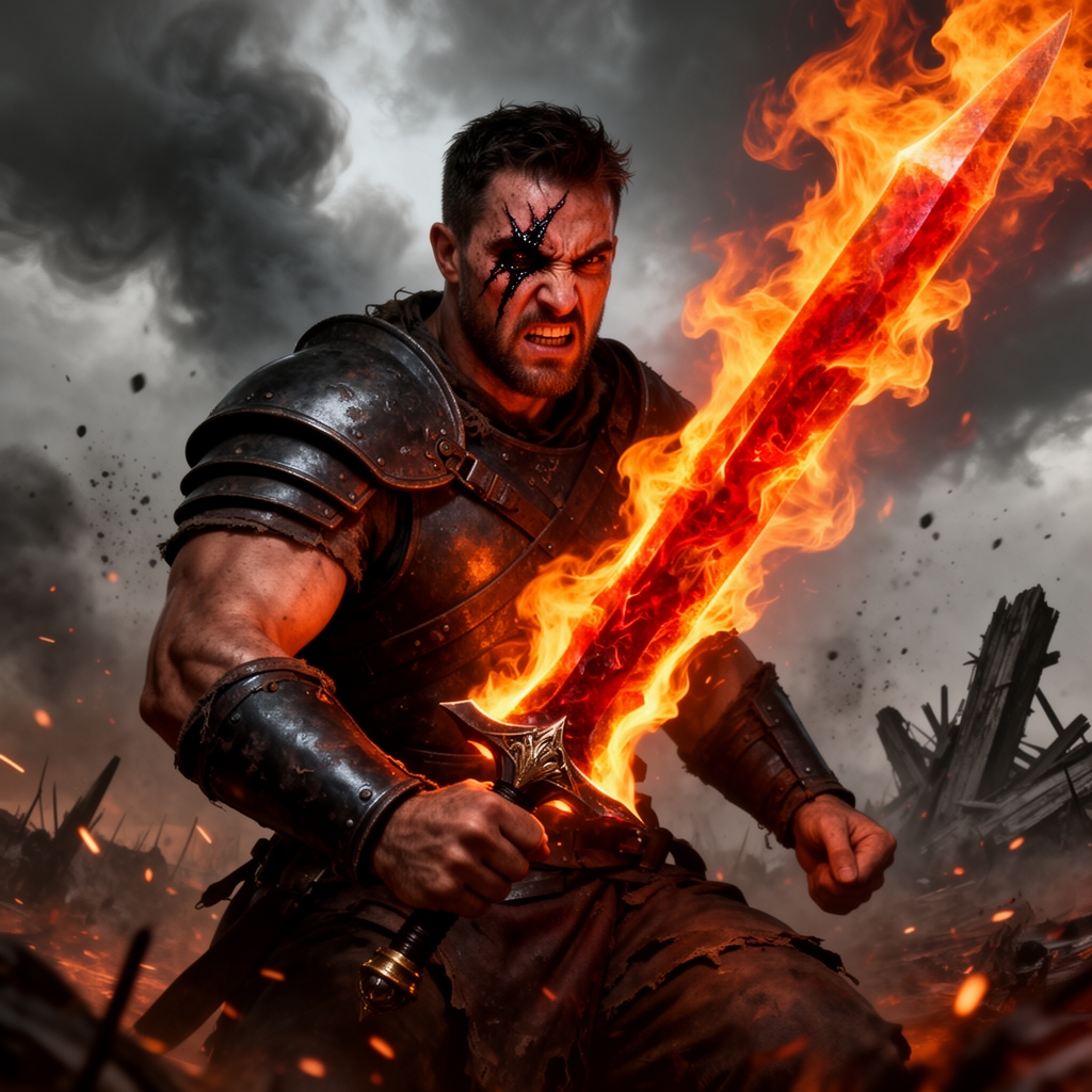 عکس یک آدم خشمگین با خط بر روی چشش همراه شمشیر آتشین در بیبان4