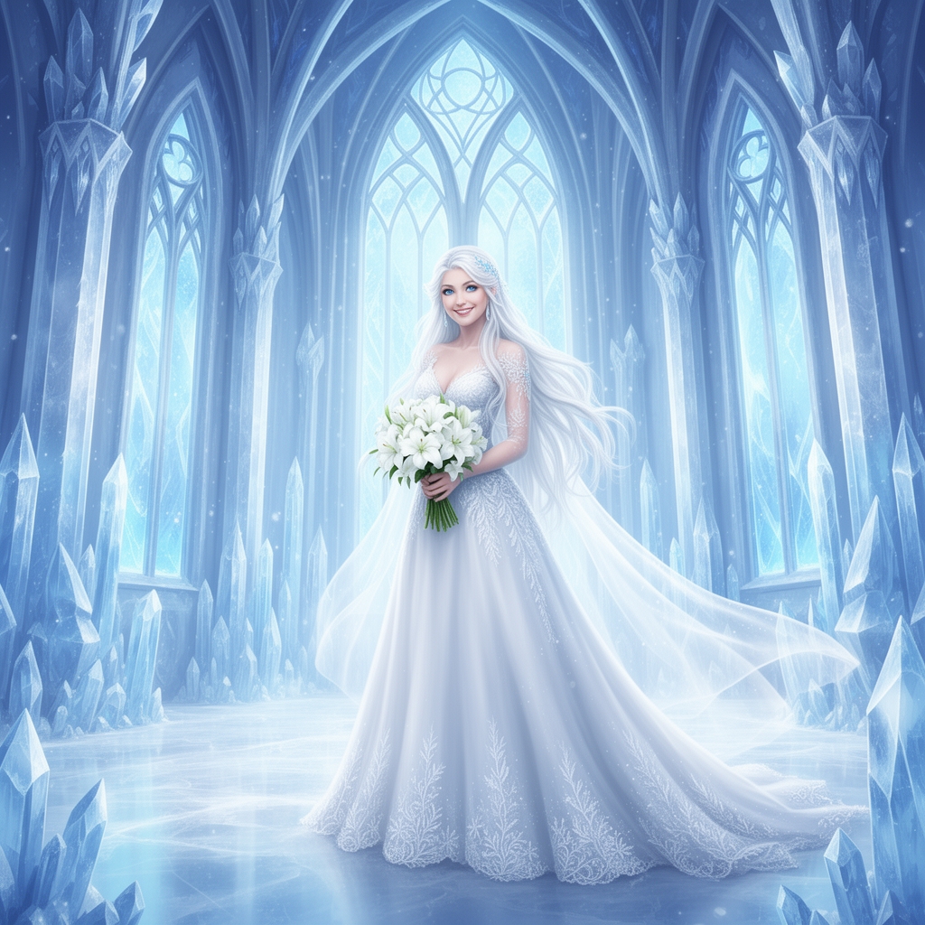 یک زن خیلی زیبا با لباس عروس چشمانی آبی دارد و موهایش بلند سفید است با لباس عروس بلند سفید و دسته گل سفیدی دردست دارد و در قصر یخی باشکوه است2