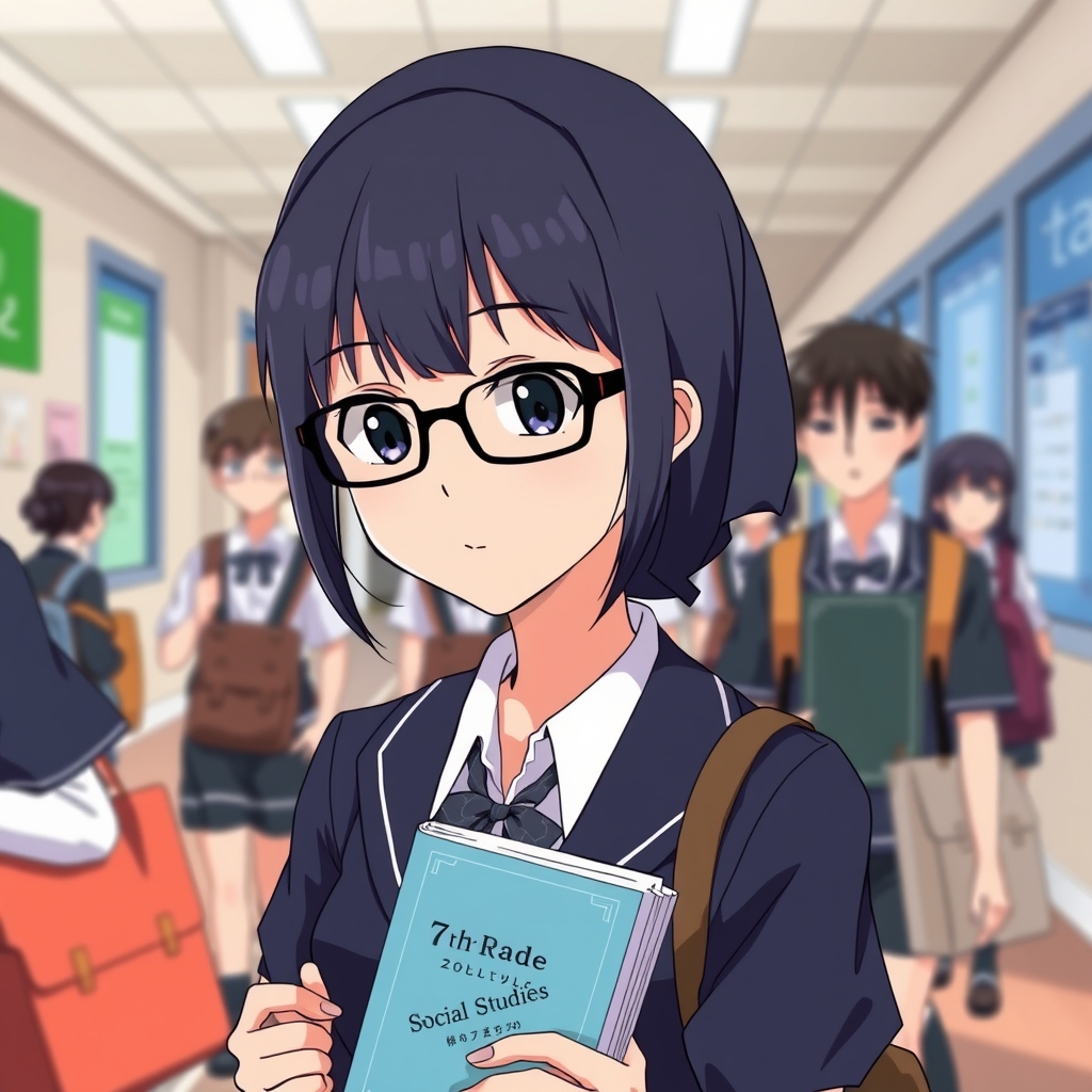 یه دانش آموز دختر که لباس فرمش سرمه ای هست و و مقنعه اش افتاده و موهاش کوتاه پسرانه است و عینک قاب سیاه داره و عینک خرخونی داره و کتاب دستهشه  که کتاب اجتماعی هفتم هست و به بقیه بچه ها اهمیت نمیده6