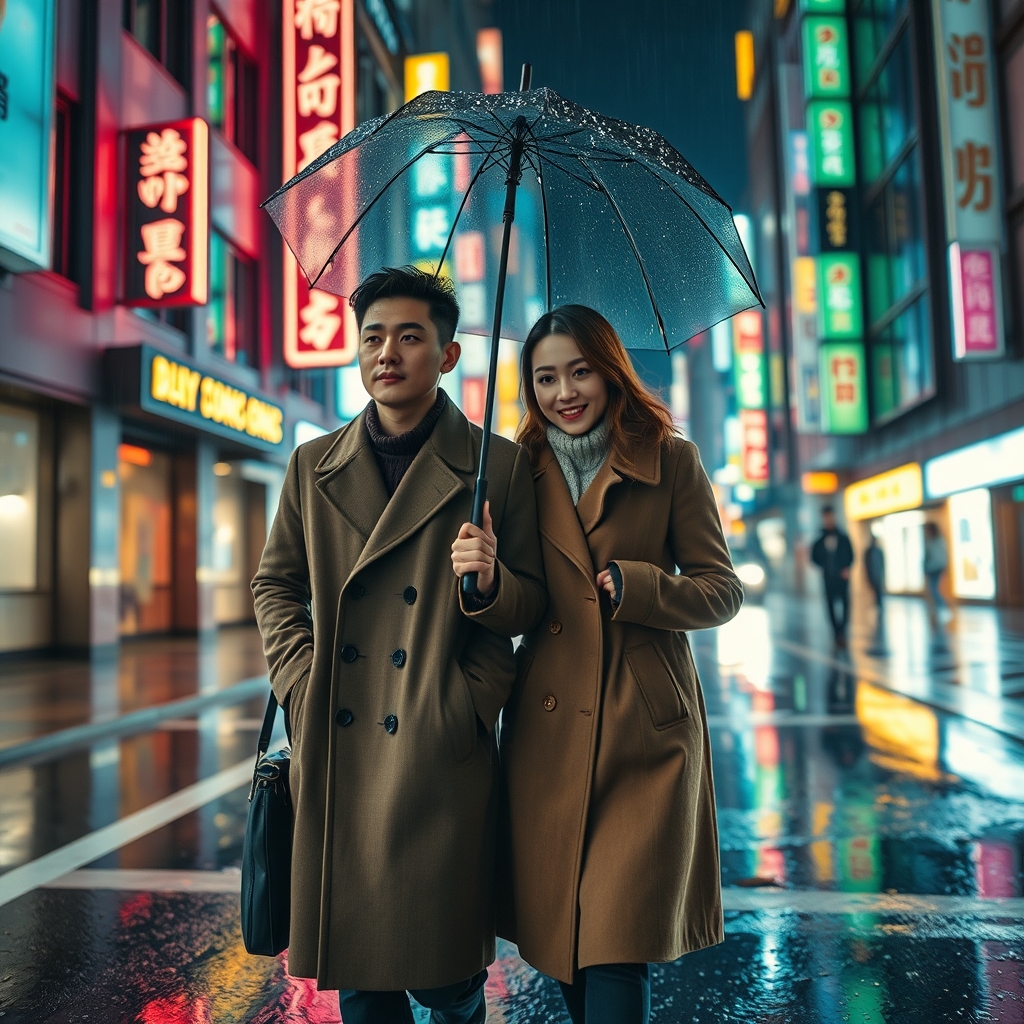 زن و مرد کره ای بسیار جذاب و قد بلند با موهای قهوه ای و پالتو های زیبا در شب خیابان های بسیار پیشرفته در حال قدم زدن هستند و خوشتیپ هستند و باران میبارد و هردو زیر چتری که در دست دارند حرکت میکنند18