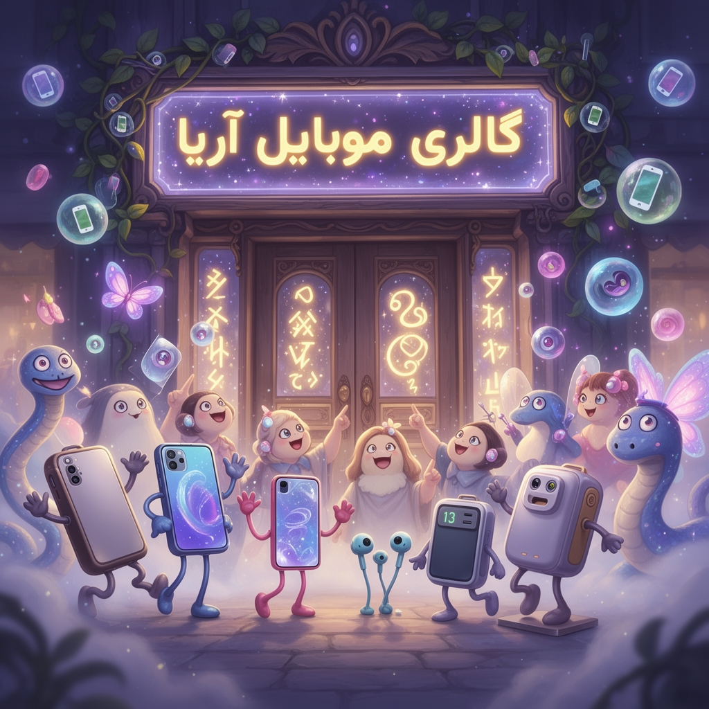 تصویری از تمام لوازم جانبی های موبایل بساز که چشم و دهان و دست و پای فانتزی دارن و روبروی گالری ای به اسم 《گالری موبایل آریا》وایسادن3