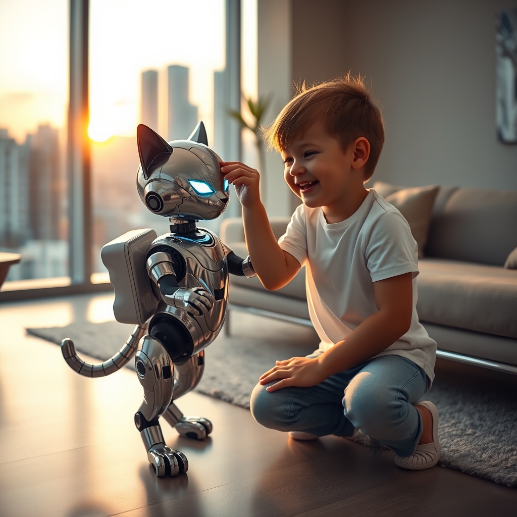 یک گربه ربات بازیگوش با خز فلزی براق، در حال تعامل با یک کودک در یک اتاق نشیمن آینده‌نگر.8