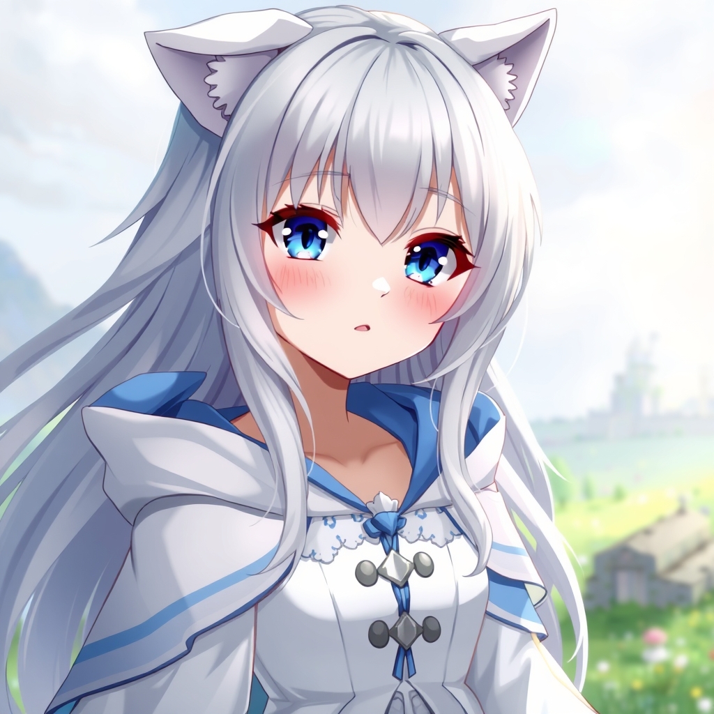 یه دختر با موهای بلند نقره ای و چشمای آبی لب های سرخ و لباس پرنسسی کوتاه تنش که یه شنل سفید و آبی پوشیده و کلاه شنل که گوش گربه ای داره رو گذاشته سرش21