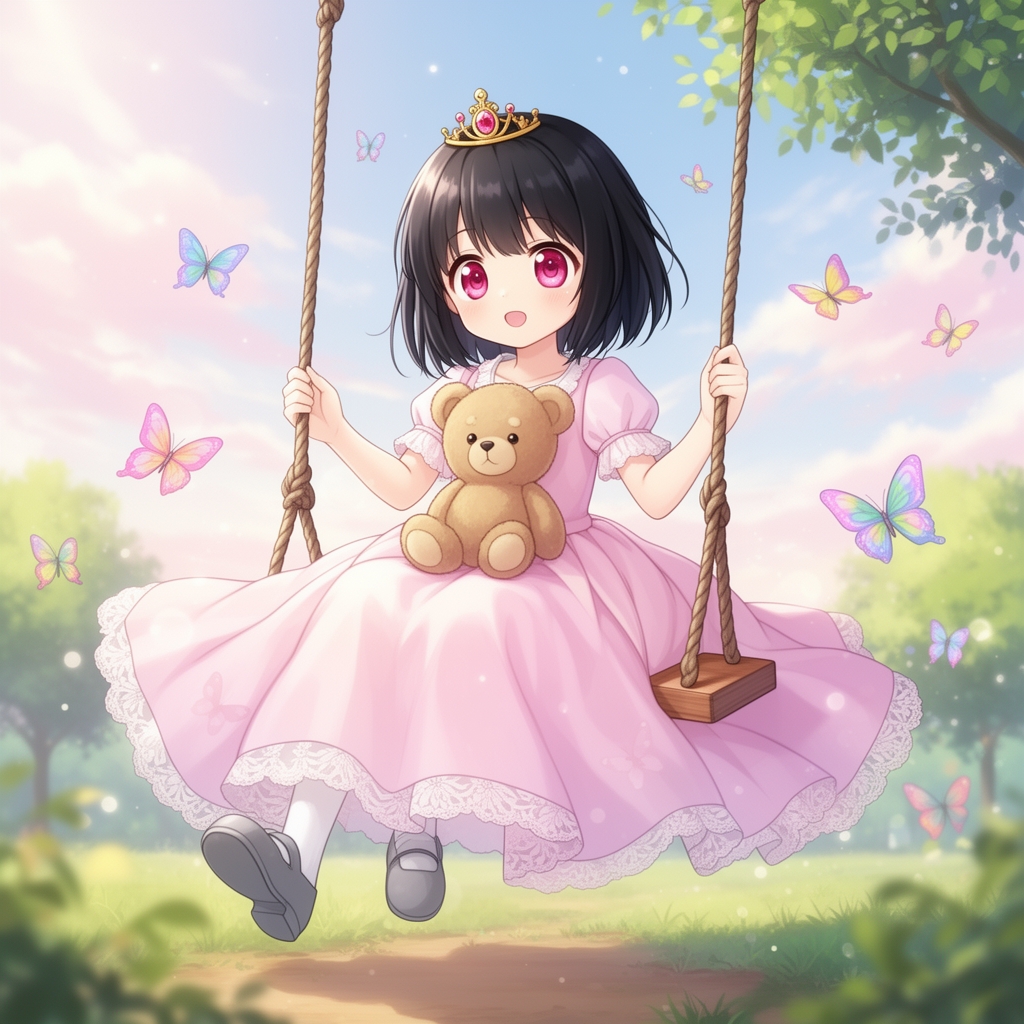 یک دختر بچه ۵ ساله با موهای کوتاه مشکی و چشمان صورتی توپولی که یک پیراهن پرنسسی پوشیده و در دستش یک عروسک🧸دارد . او در سرش یک تاج👑مینی دارد و در یک تاب نشسته و‌با کفشان طوسی پاهایش را تکان می‌دهد و در اطراف او چند پروانه رنگی وجود دارد 5