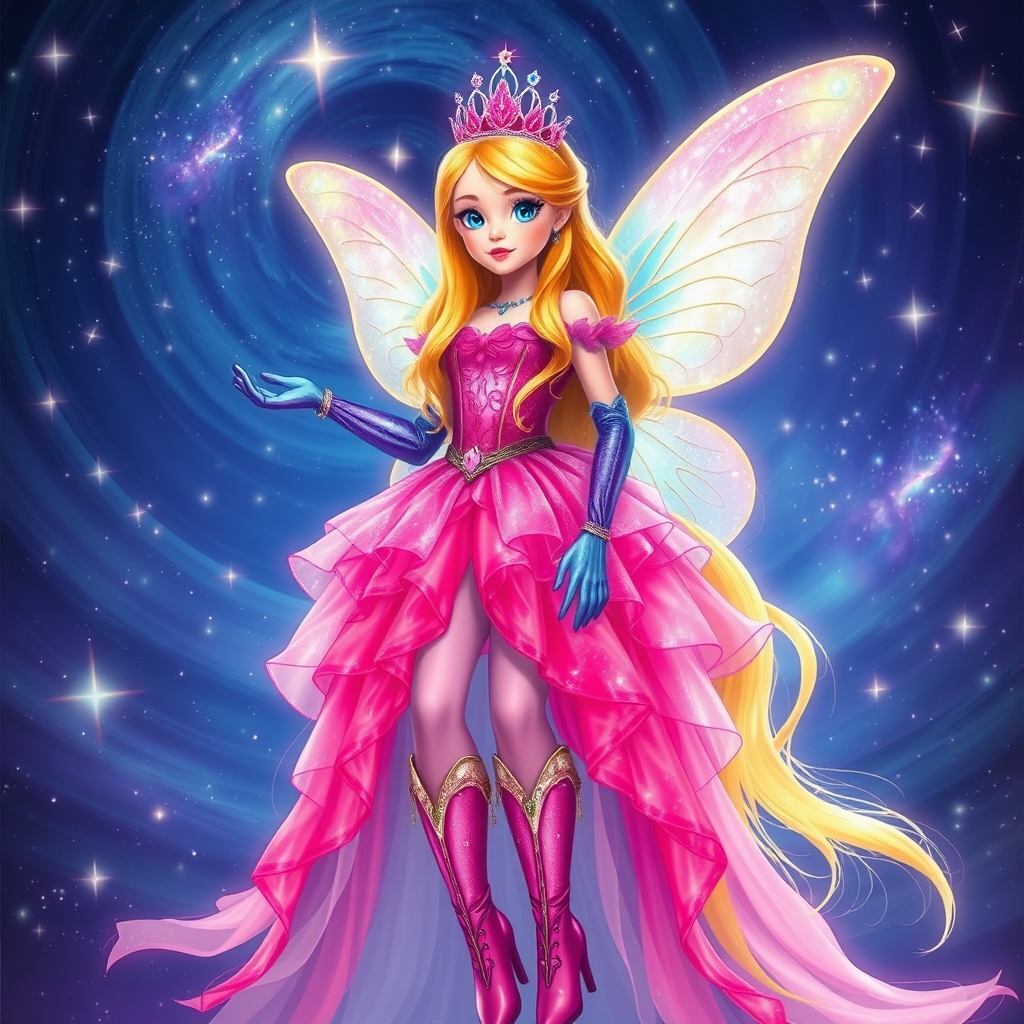 یک پری با لباس شهابی که پرنسس است و رنگارنگ و صورتی و بنفش با دستکش آبی بنفش و بوت های بلند صورتی و سبز و موهای بلند زرد و تاج زیبا در آسمان شهابی9