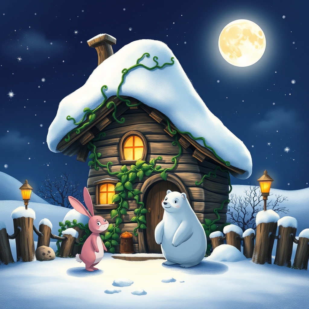 تصویر خرگوش صورتی و خرس سفید  جلو یک کلبه چوبی بزرگ  به شکل قارچ در یک شب برفی دورتادور کلبه پیچک سبز پیچیده شده به سبک استودیو جبیلی 2