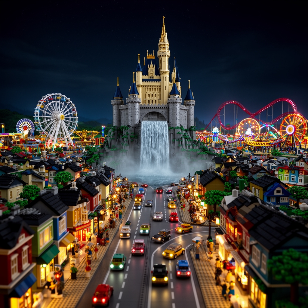 یک شهر لگویی آدمکهای لگویی که وسط آن شهر یک قصر لگویی بزرگ و جادههای لگویی و ماشینهای لگویی زیاد شهربازی لگویی که در شهربازی چرخ و فلک ترن هوایی و چیزهای دیگه و مغازههای لگویی زیادی داشته باشد و خانههای لگویی زیادی که شب باشه و چراغ زیاد
داشته باشد و جلوی قصر یک آبشار بزرگ باشد0