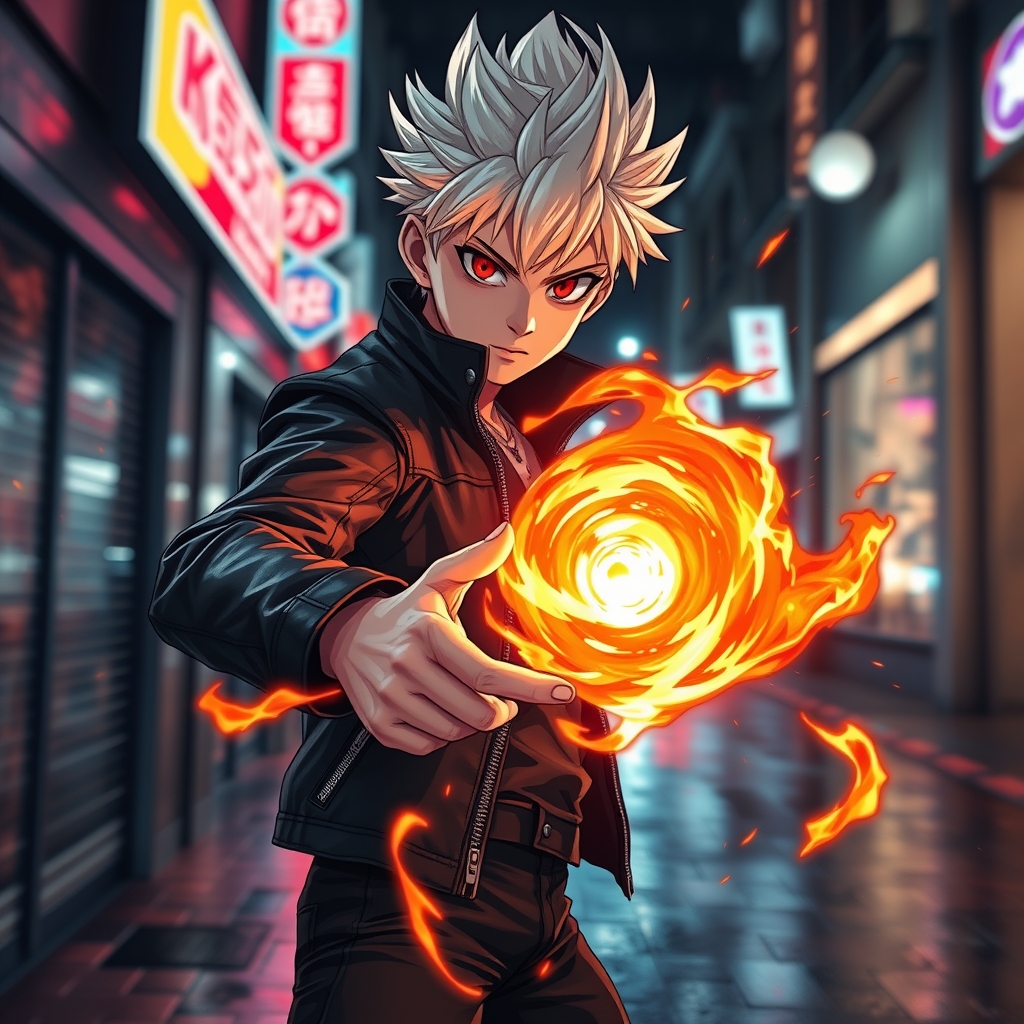کاراکتر انیمه پسر با موهای سفید و چشمان قرمز که جادوی آتش در دست دارد، افکت‌های ویژه تصویری، حالت تهاجمی و اکشن.0
