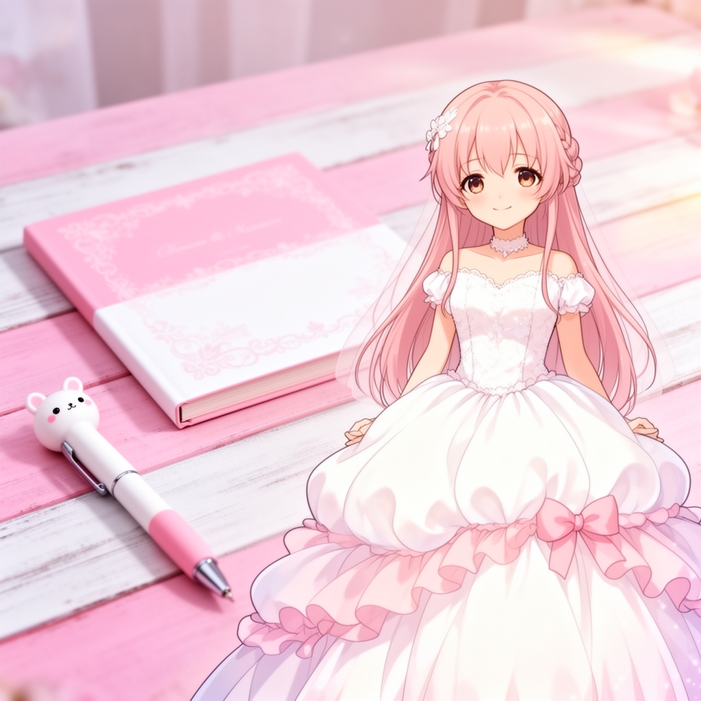 یک دفتر دخترانه چند ضلعی و رویایی و صورتی سفید قرار گرفته روی میزی چوبی صورتی و سفید که در کنار دفتر یک خودکار دخترانه کیوت و رویایی سفید و صورتی است که دختری با لباس عروس پفپفی سفید و صورتی با موهای صورتی کم رنگ بلند و لبخند ملایم به عکس نگاه میکند و 12 ساله است1