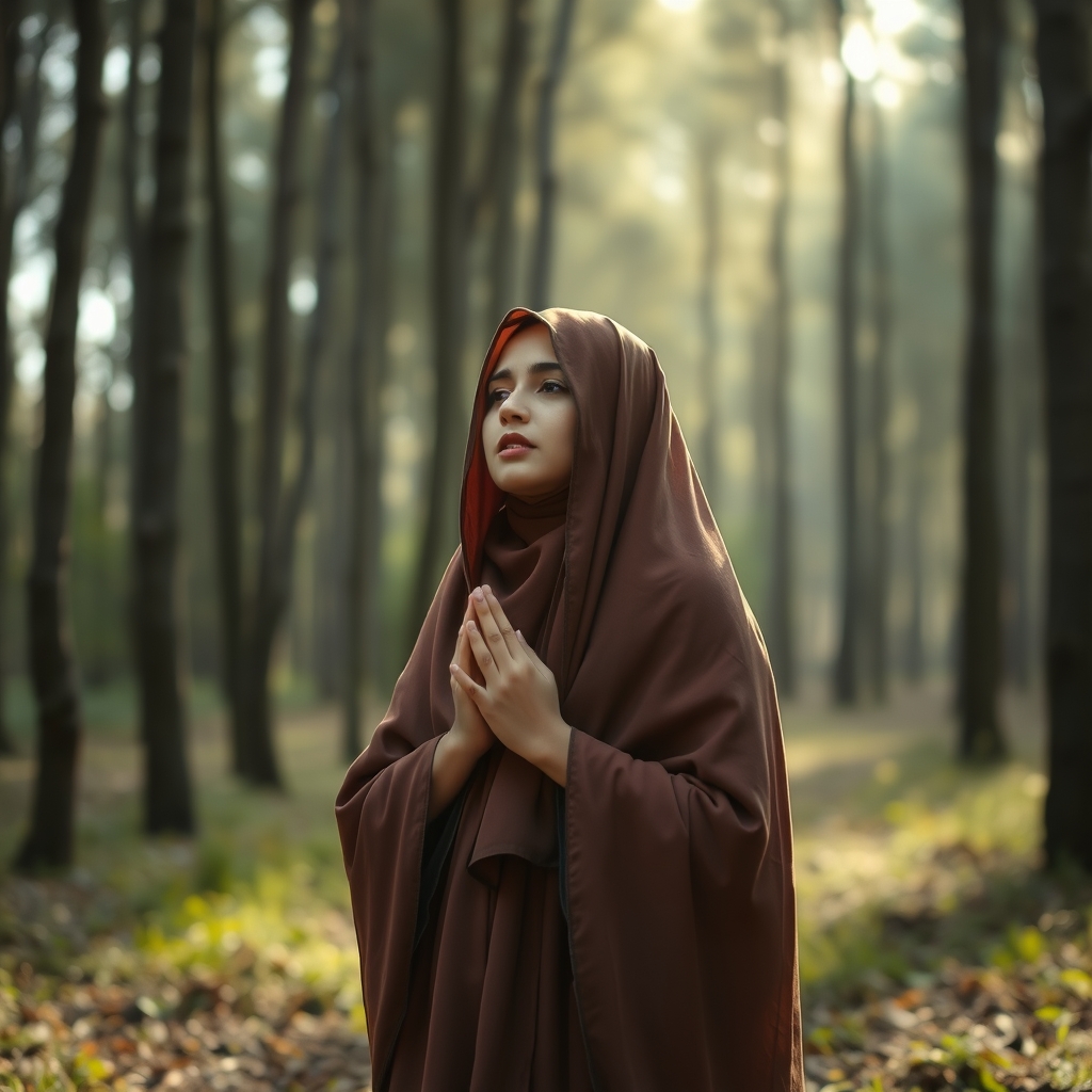 ی دختر ایرانی مسلمان که با چادر قشنگش که در ظهر در فضای جنگل دارد نماز می خوتند 18