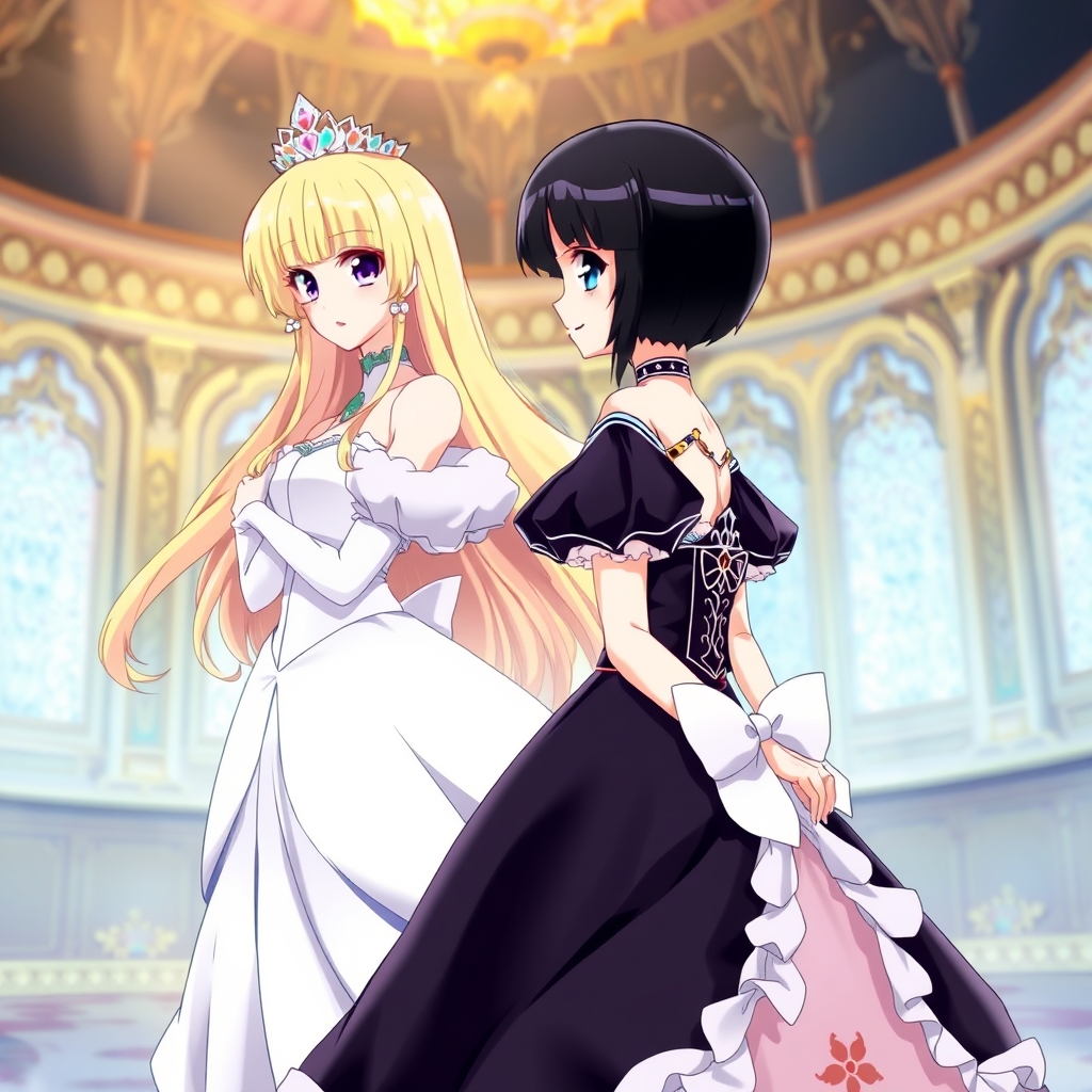 دو ملکه دختر زیبا که اولی مو های بلند و لباس سفیدی  بر تن دارد و دومین دختر مو های کوتاه و لباس مشکی داشته باشند و در قصر باشند10