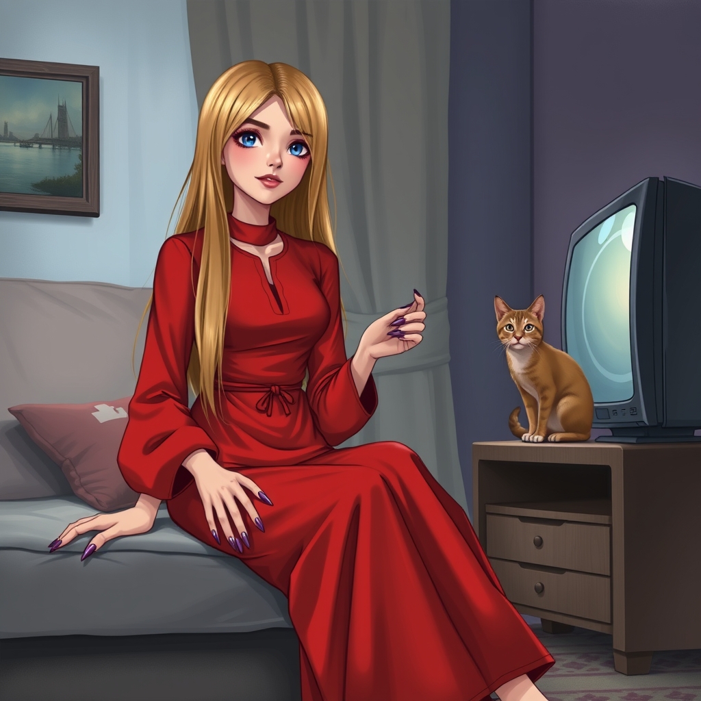 یک مادر جوان چشم آبی با موهای بلند صاف زرد با لباس قرمز شلوار دامنی با ناخن مصنوعی بنفش بلند لبه گرد که با گربه اش دارد تلویزیون نگاه می کنند 5