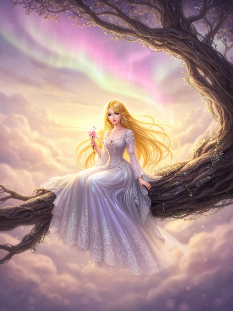 یک دختر زیبا با موهای خیلی بلند به رنگ طلایی با چشم های آبی که روی دستش شکوفه صورتی گرفته، لباسش بلند وپرنسسی وعروسکی هست، اون روی شاخه دختر نشسته وآسمان خیلی زیباست 1