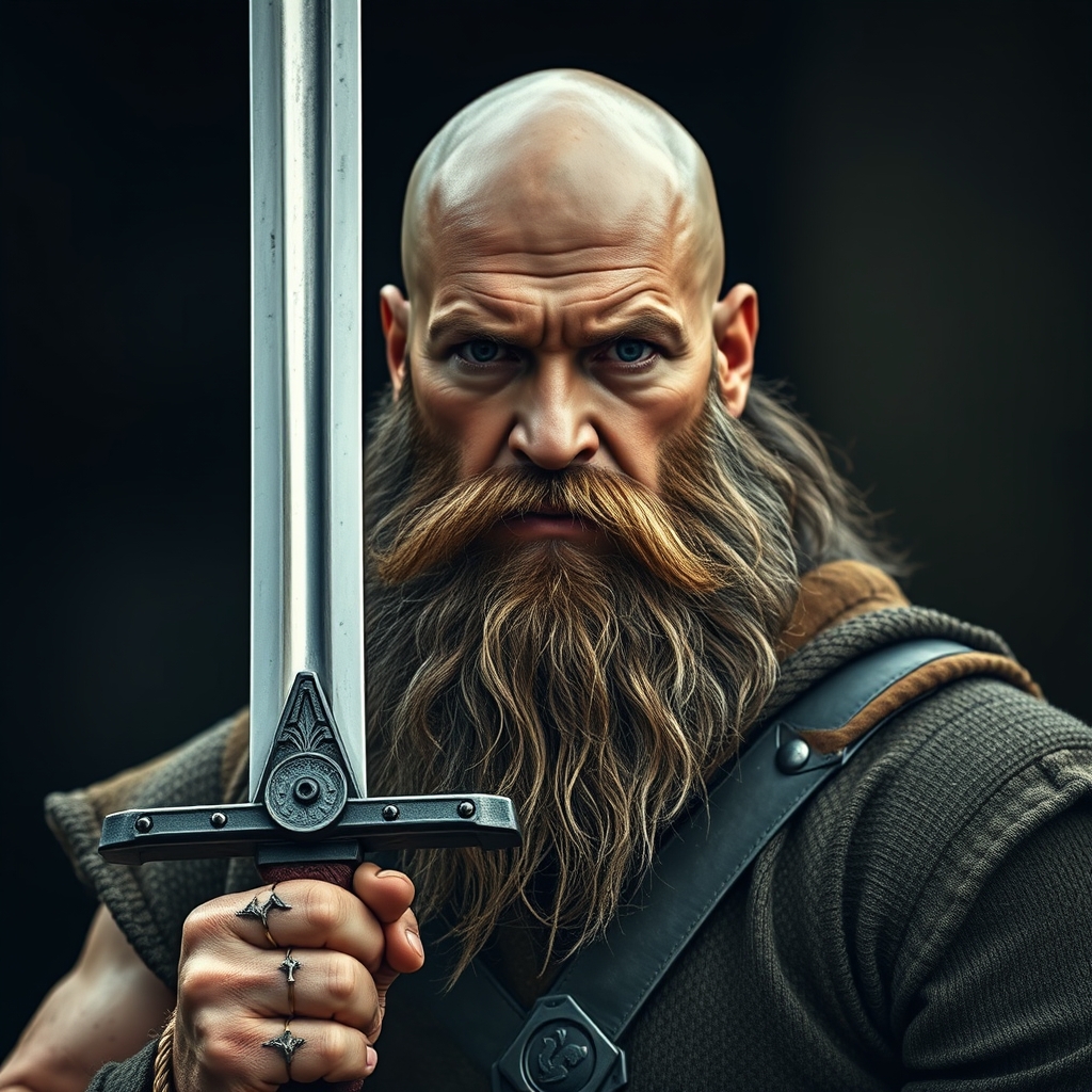 عکس یک مرد خفن کچل با ریش بلند که یک شمشیر تیز بلند دستش است 7