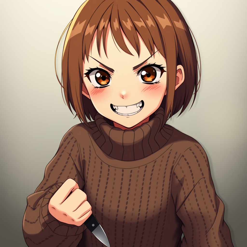 عکس دختر مو کوتاه تا گردن و چشم و موهای قهوه ای و لباس کاموا ی آستین بلند و خنده ی وحشتناک دارد و یک چاقو در دست17