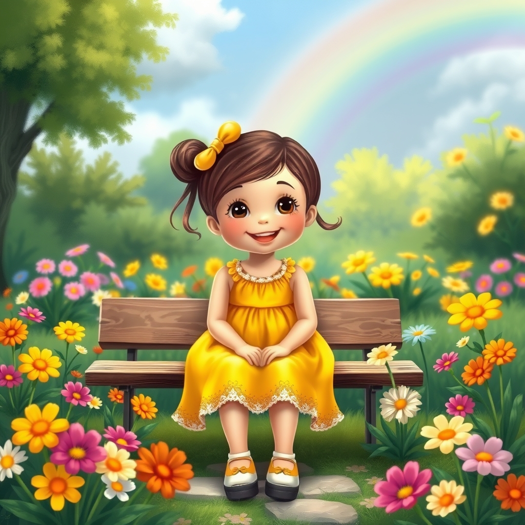 کودک دختر شاد با لباس زرد در باغ روی نیمکت در میان گلهای رنگارنگ زیر رنگین کمان 9