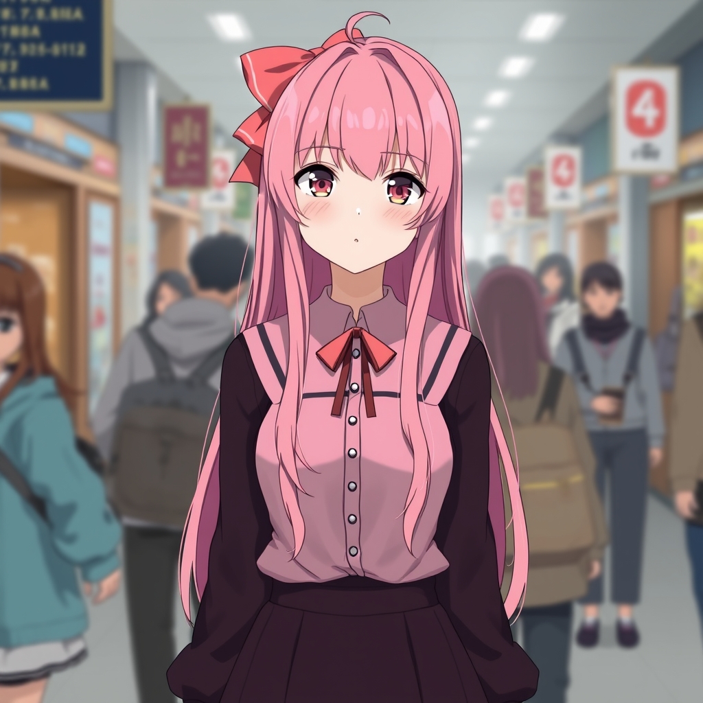 یه دختر با موهای صورتی بلند ک🎀 روی موهاش هست و لباس های 👢👗مشکی و صورتی (مهم) پوشیده و توی ی مکان شلوغ هست. عکس سرتاپا5