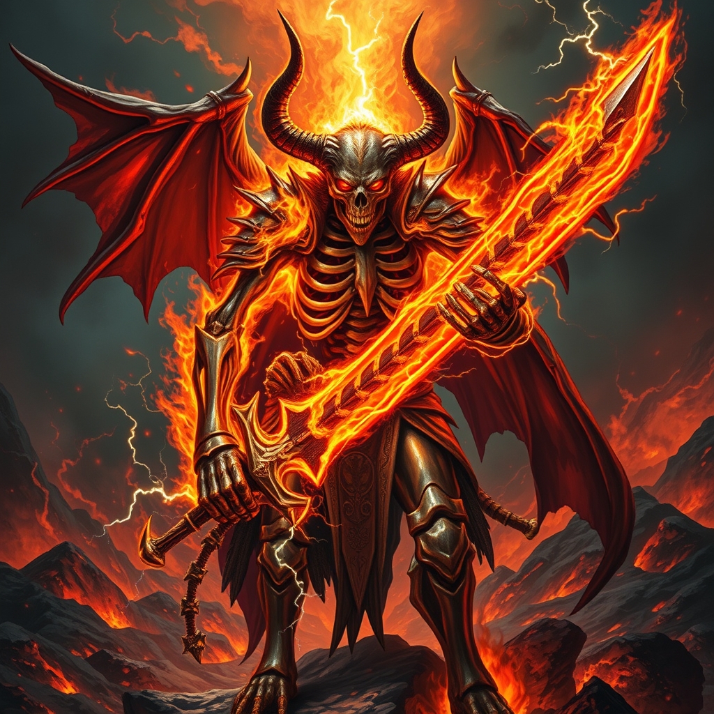 عکس شیطان رو زرههای اسکلتی و آتشین، رعدآسا ،با شمشیری اسکلتی رعدآسا و آتشین در جهنم که پشتش آتش و مذاب است2