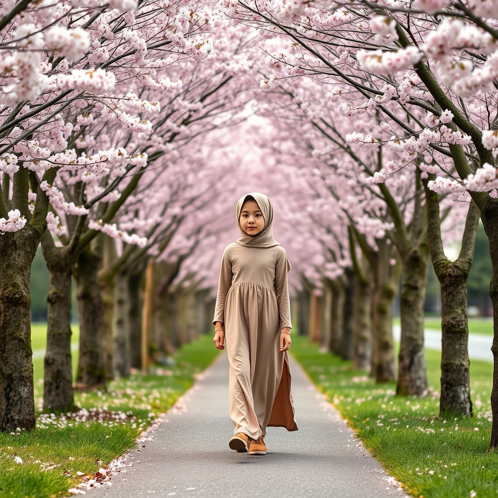 دختری در راه مدرسه که درخت ها با شکوفه گیلاس دورش رو پر کرده
22