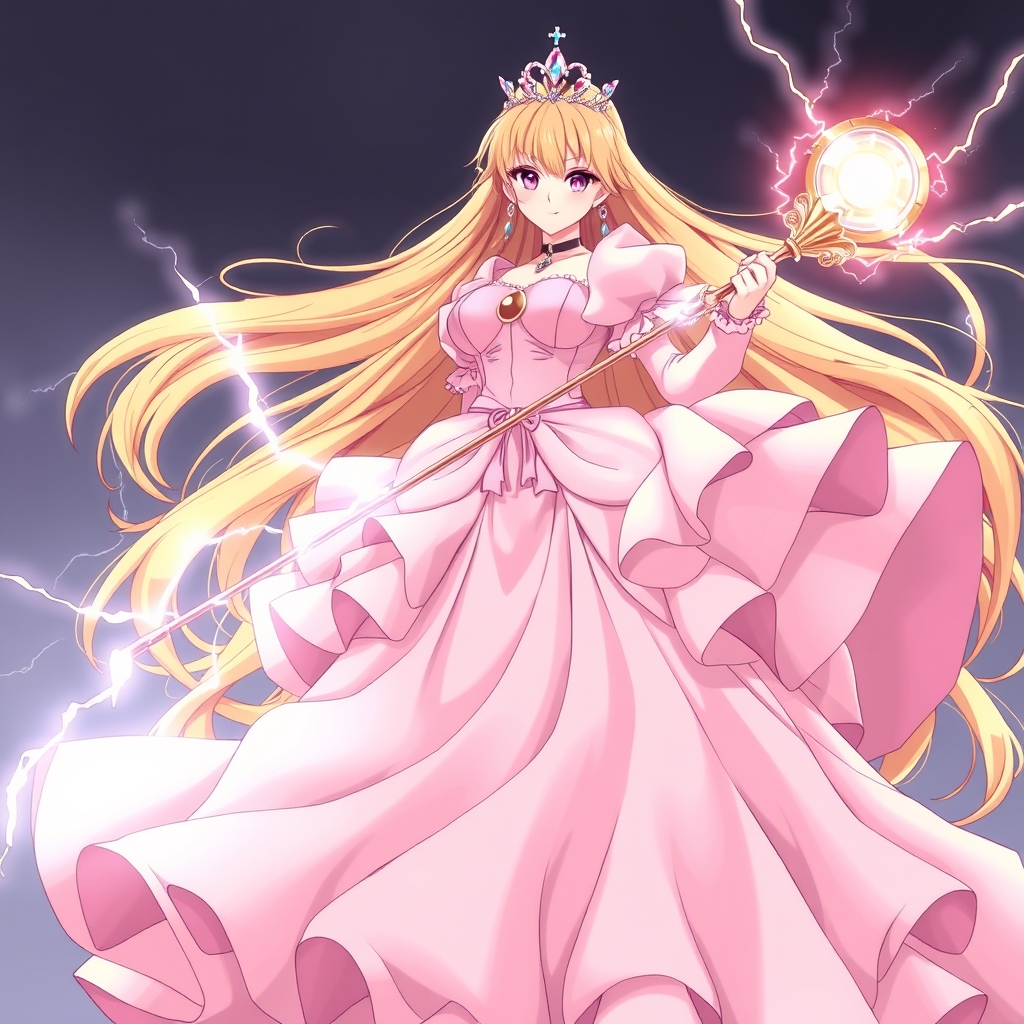 یه پرنسس مو طلایی بلند با لباسی صورتی و لایه هایی پفی و استین پفی پفی پفی و تاجی از الماس و عصایی با قدرت رعد وبرق و روی لباس پرنسس حرف N هک شده باشه 2