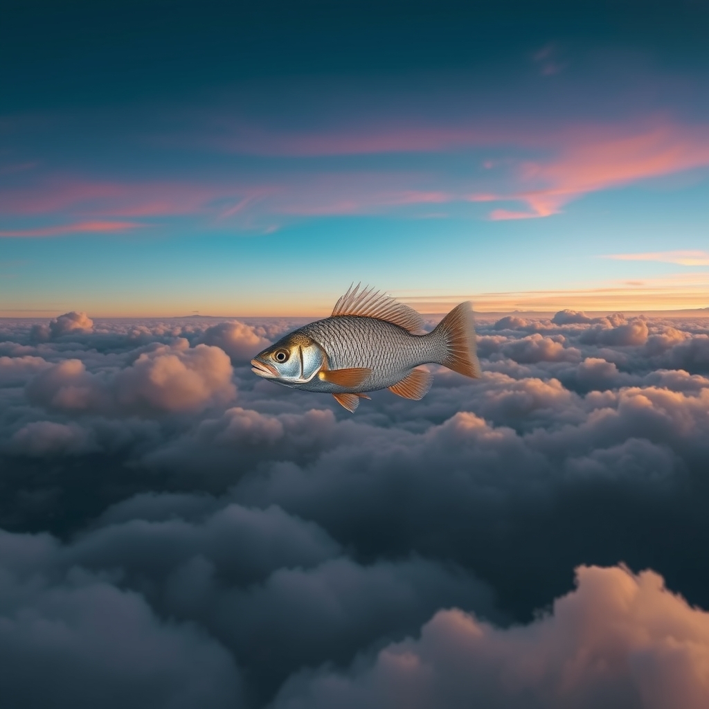 تصویری سورئال از یک ماهی در حال شنا در دریایی از ابرها زیر آسمان گرگومیش.1