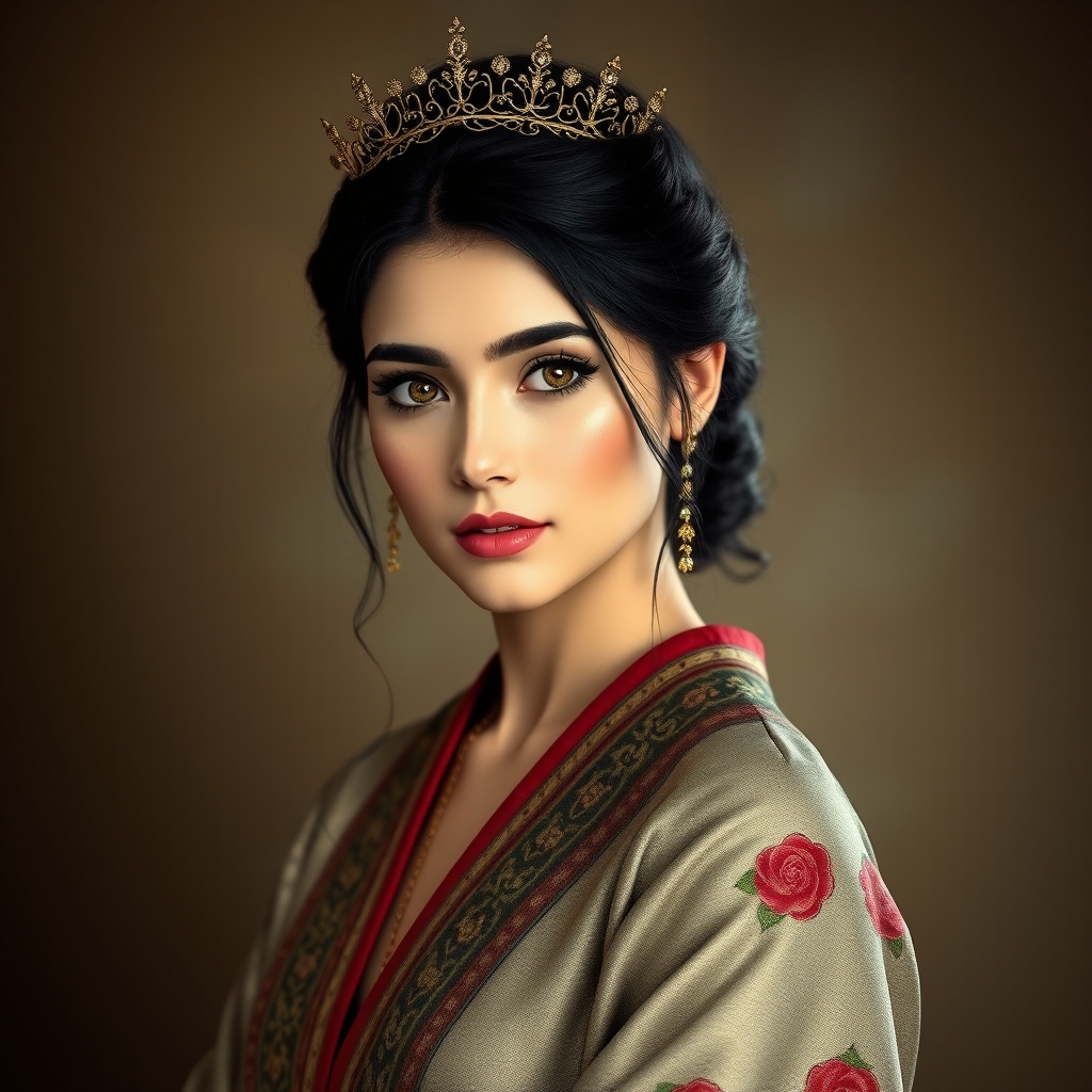 یک شاهزاده دختر زیبای ایرانی با مو های مشکی و لخت و تاجی ظریف و زیبا و لباسی با طرح هایی شبیه به فرش ایرانی5