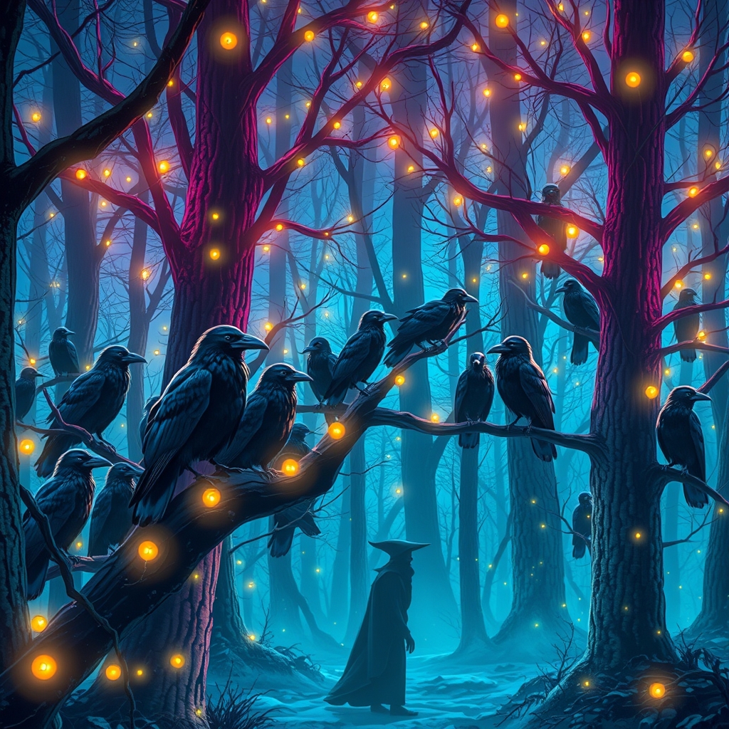 کلی کلاغ در جنگل روی شاخه در ختان و کلی کرم شبتاب که آن جا را روشن کرده و یک جادوگر هو وسط درختان12