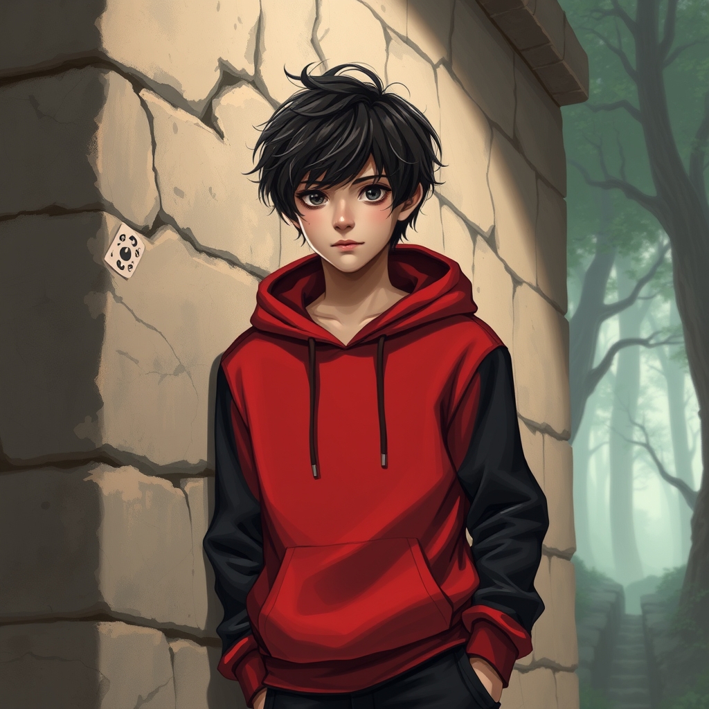 یک پسر ۱۴ ساله که هودی قرمز پوشیده و آستینش سیاه است و شلوارش هم سیاه است با مو های شلخته که به یک دیوار تکیه داده 12