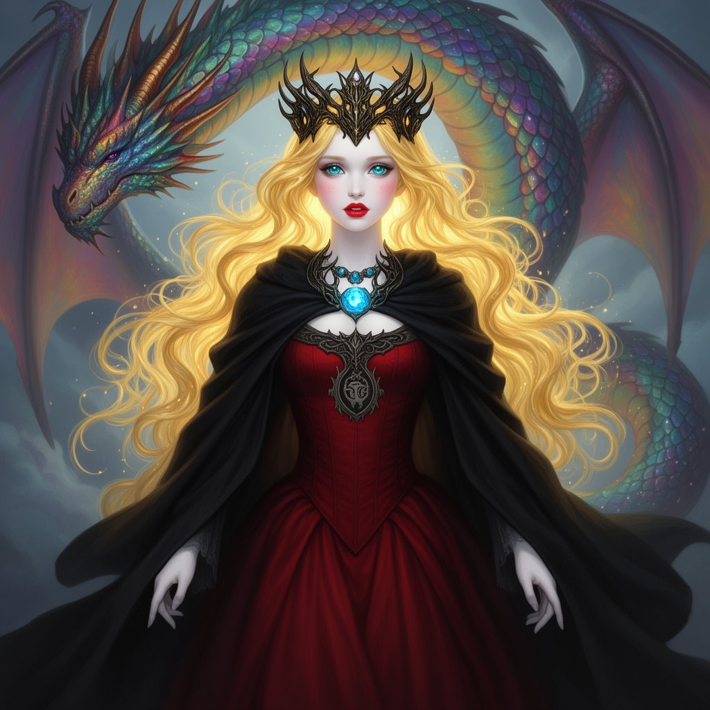 🌟دختره جوان زیبا ترین بانوی جهان همینطور در هوش مصنوعی رویایی با موهای بلند حالت دار زرد براق درخشان مثل چراغ وچشم های که مردمک دریا و اقیانوسی باشد درونشپر از شگفتی و با پوستی سفید نامعلوم صوری سفیدتر از برف و سفید تر از قرص ماه با گونه قرمز لبی سرخ با شنل بلند و مشکی پشم با شکوه و لباس قرمز اناری پادشاهی با نشانه پادشاهی و تاج طلایی که با پوست های دیوان ساخته شده و با گردننبند ابی و پشت سرد اژدها ی رنگینکمانی دارد و پشتش هست که از دختر مراقبت میکند5