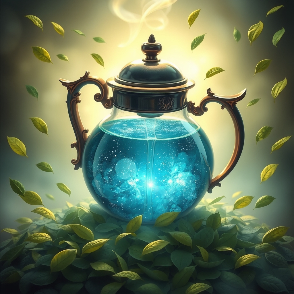 یک قوری جادویی که مایع آبی درخشان می‌ریزد، احاطه شده توسط برگ‌های شناور چای.1